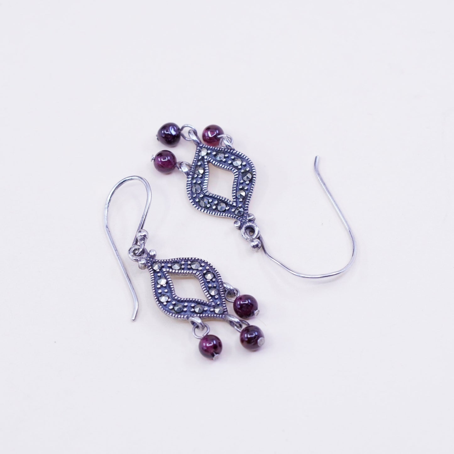 vtg Sterling silver handmade earrings, 925 Marquise with garnet and marcasite