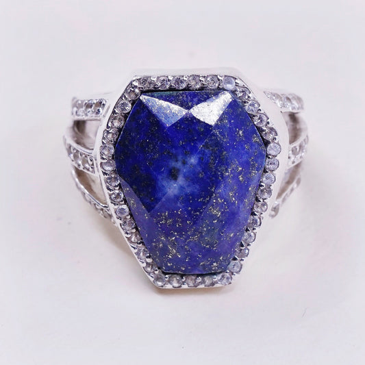 Size 10, vtg sterling 925 silver handmade ring with Lapis lazuli and Cz around