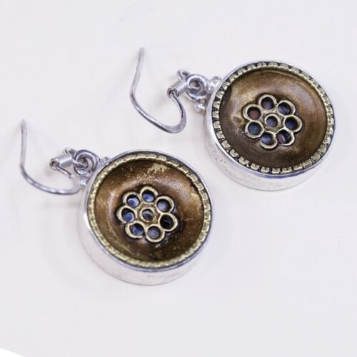 vtg two tone sterling silver handmade earrings 925 Button w/ brass beads