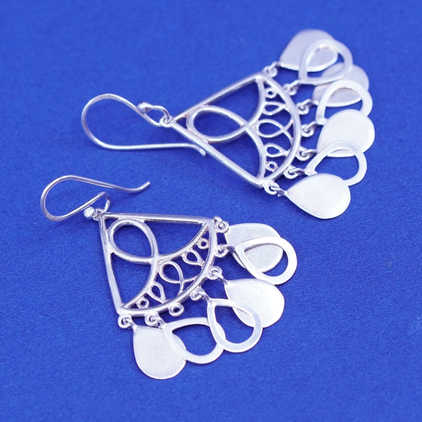 vtg Sterling silver handmade earrings, 925 filigree cluster teardrops dangles