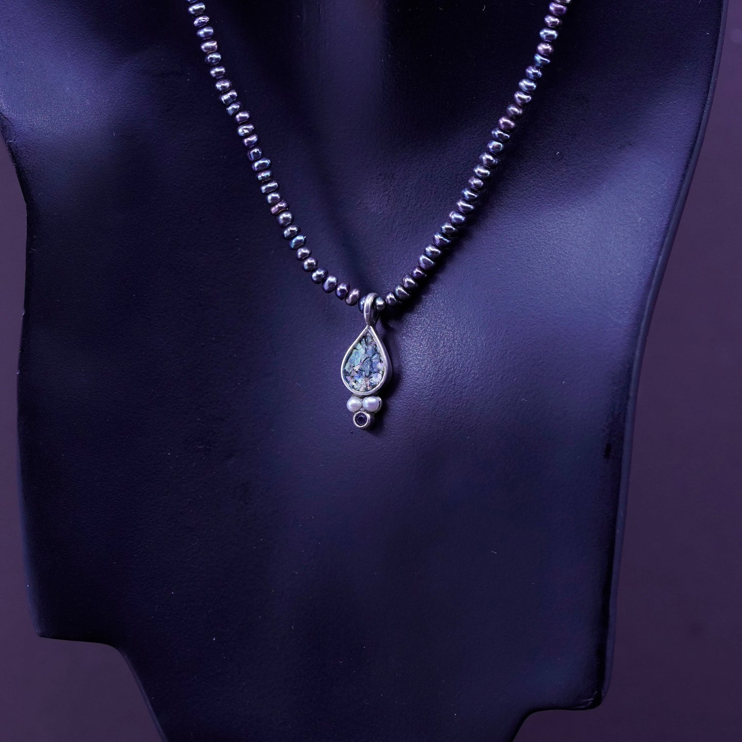 16”, Sterling silver handmade necklace, 925 Roman glass pendant black pearl