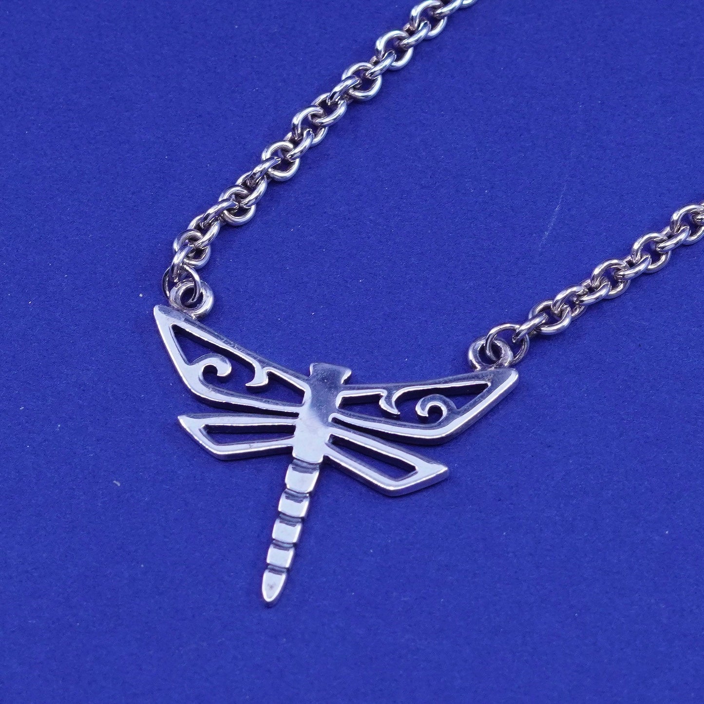 18", vtg Sterling silver handmade necklace, 925 circle chain dragonfly pendant