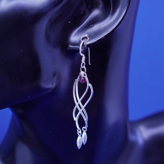 vtg sterling silver handmade earrings, 925 twisted hopps with garnet beads drop