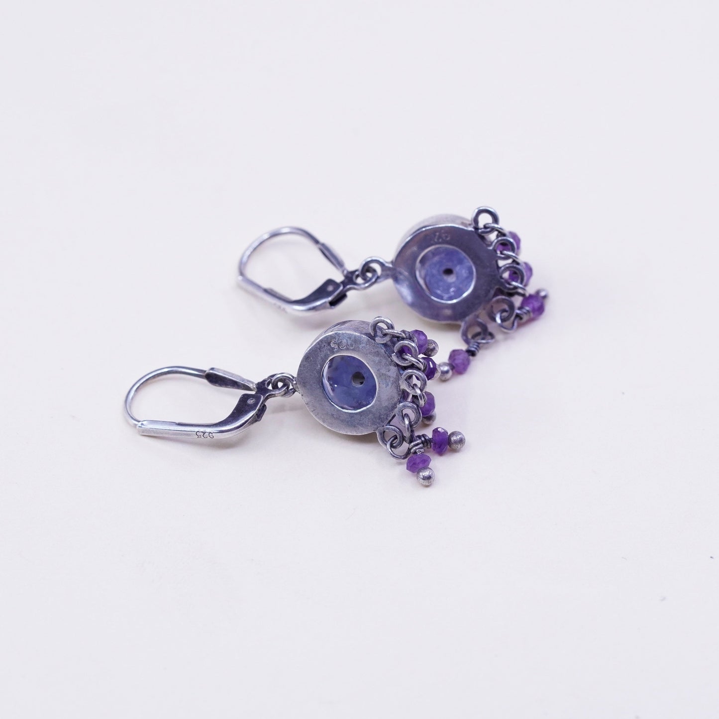 Sterling silver handmade earrings, 925 hooks with artisan glass and amethyst