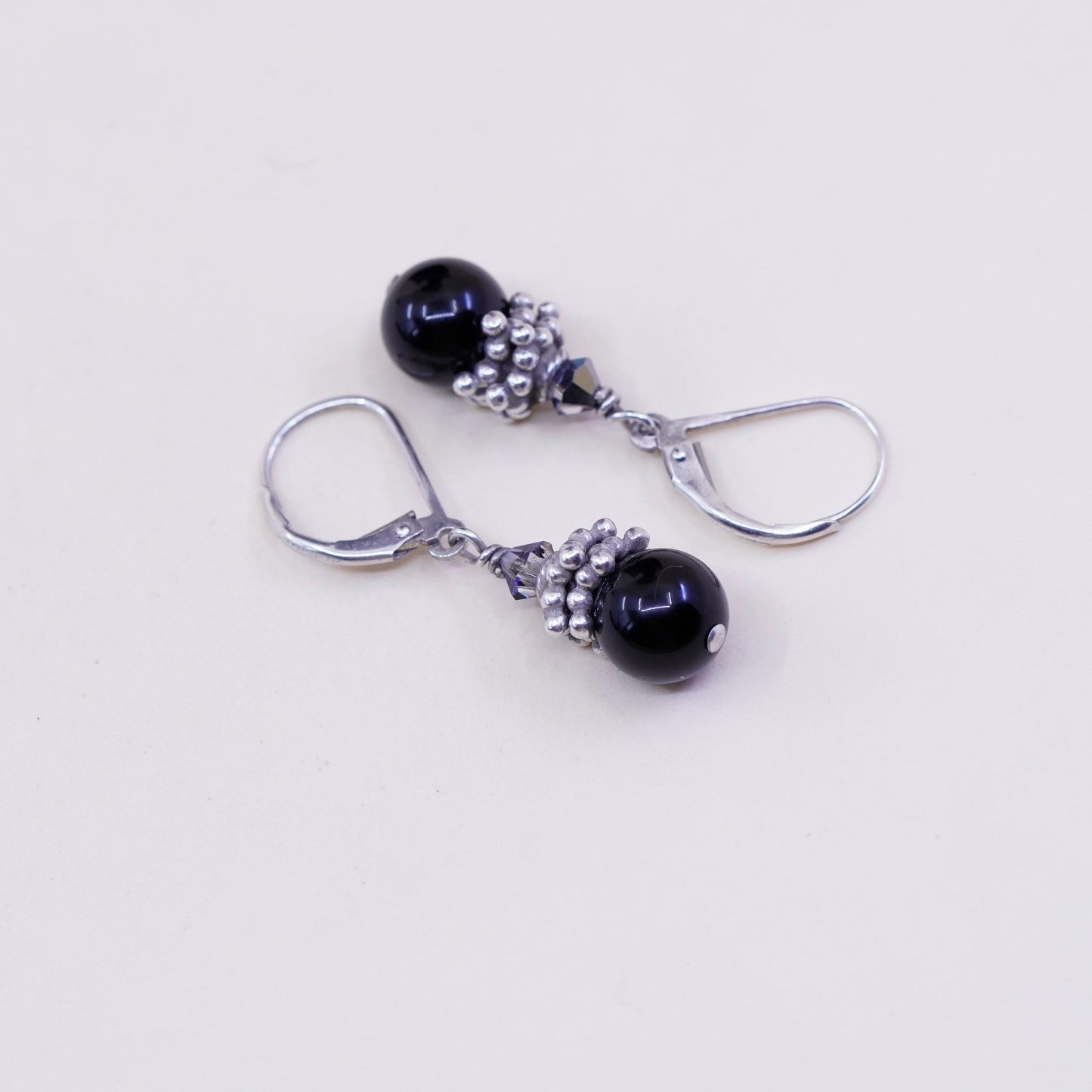 Vintage Sterling 925 silver handmade earrings with obsidian beads