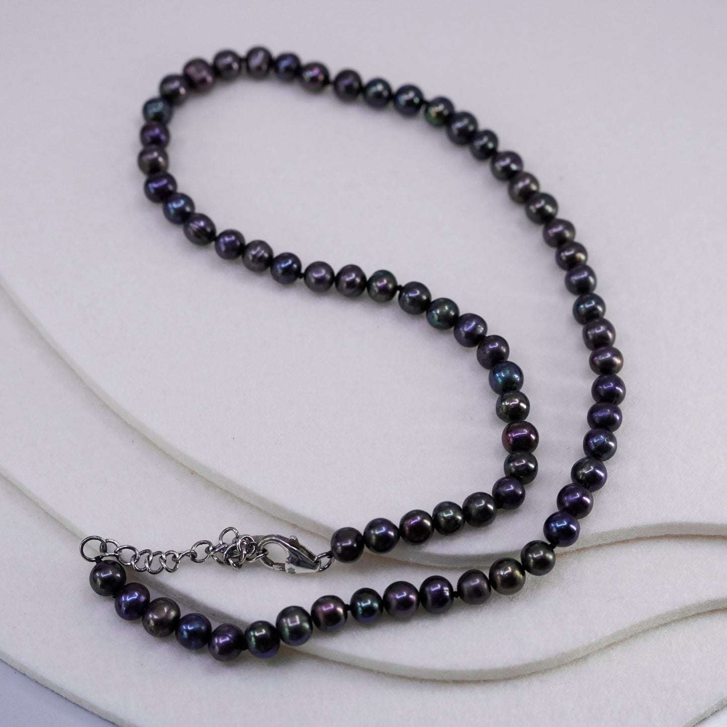 18+2”, vtg freshwater 6mm black pearl necklace with Sterling 925 silver clasp