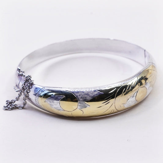 7”, two tone sterling silver handmade bracelet, 925 hinged bangle with floral