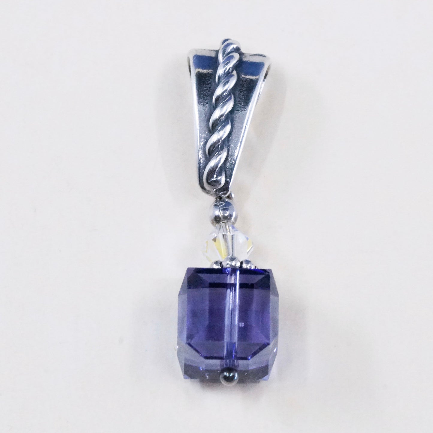 vtg Sterling 925 silver pendant w/ cube shaped amethyst and crystal