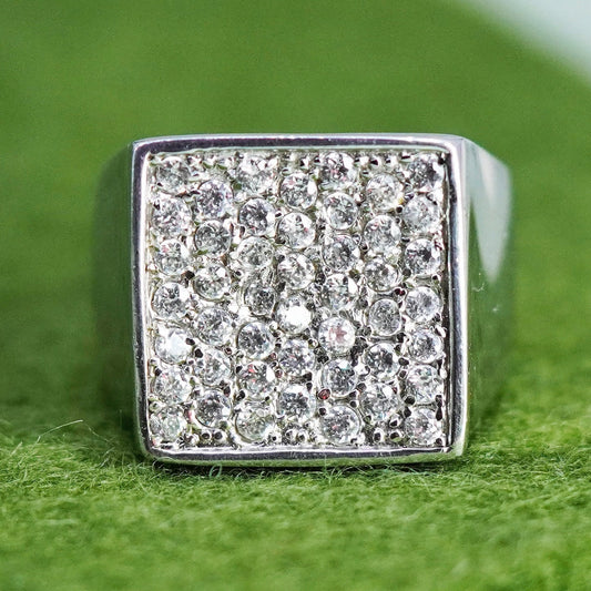 Size 7.75, vintage jewelry, sterling 925 silver ring, square band cluster cz