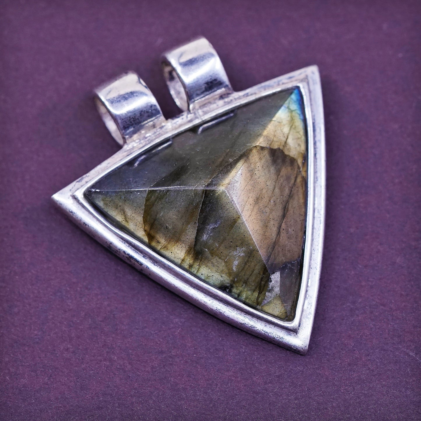 vtg Sterling silver handmade pendant, geometrical 925 w/ labradorite