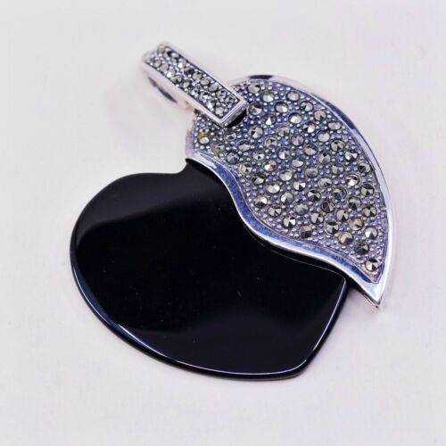 Vintage Sterling 925 Silver Heart Pendant W/ Obsidian N Marcasite Case, Stamped