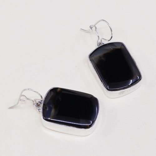 Vtg Sterling Silver handmade Earrings, 925 Silver W/ Black dendritic agate