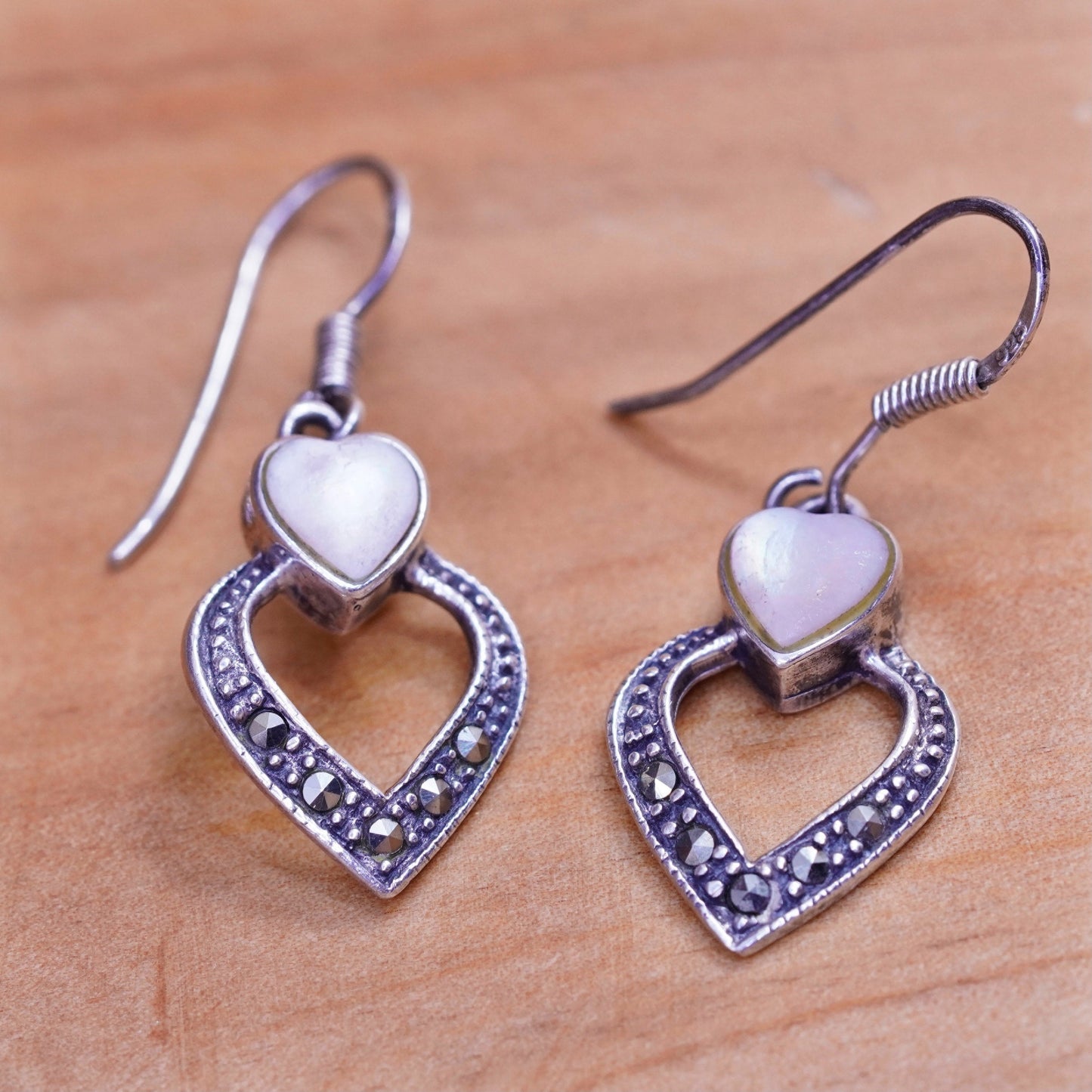 Sterling 925 silver handmade earrings with heart mother of pearl Marcasite