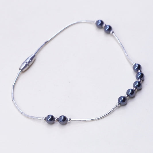 7.25”, vtg handmade Sterling 925 liquid silver chain bracelet w/ hematite beads