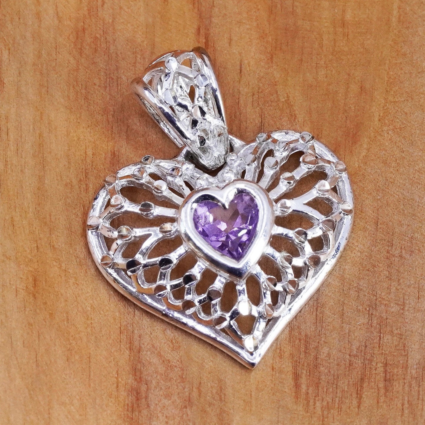 Vintage Sterling silver handmade pendant, 925 filigree heart with amethyst