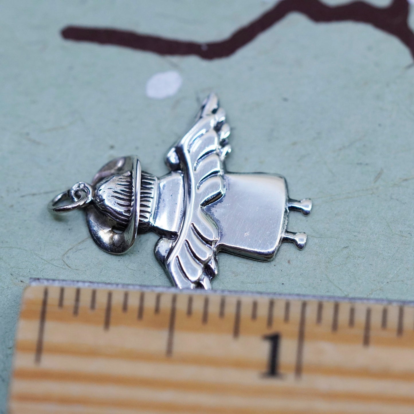 Vintage Sterling silver handmade pendant, 925 Angel charm with wings holo