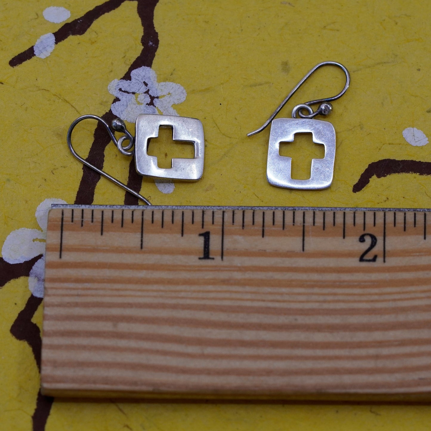 Vintage Sterling silver handmade earrings, 925 square dangle with cross cut out