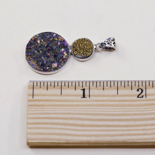 Vintage Sterling Silver Handmade Pendant, 925 Silver W/ Gold Metallic Druzy