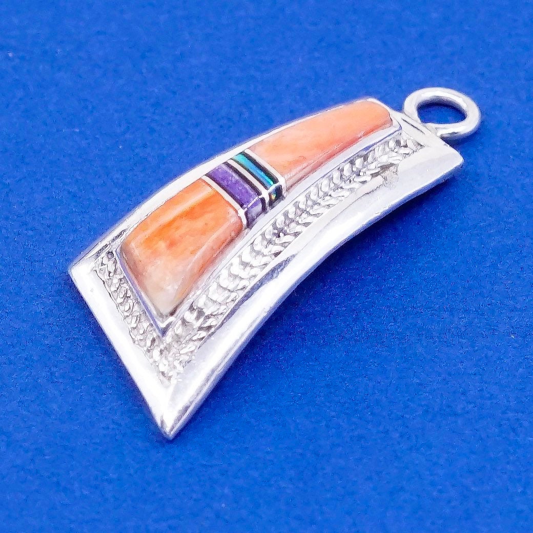 vtg Zuni Sterling silver handmade pendant, 925 charm w/ turquoise and coral