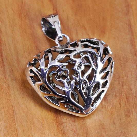 Vintage Sterling silver handmade pendant, 925 filigree puffy heart pendant