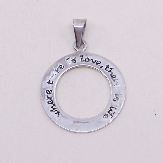 Sterling silver inspirational quote pendant, 925 circle w/ “where love life