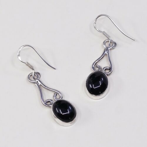 Vtg Sterling Silver Handmade Earrings, 925 Silver W/ Obsidian Inlay, Stamped 925