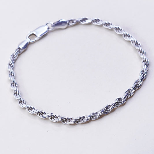 7”, 3mm, Vintage sterling 925 silver Italy rope chain bracelet