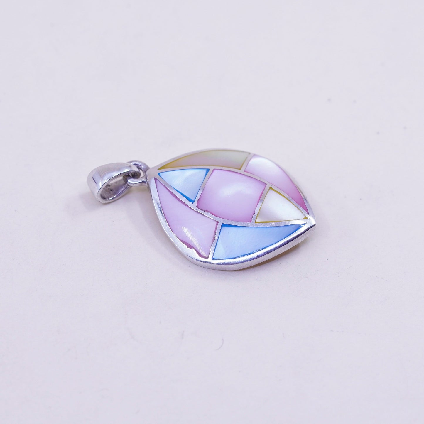 Vintage sterling silver pendant, 925 leafy handmade charm with mother of pearl