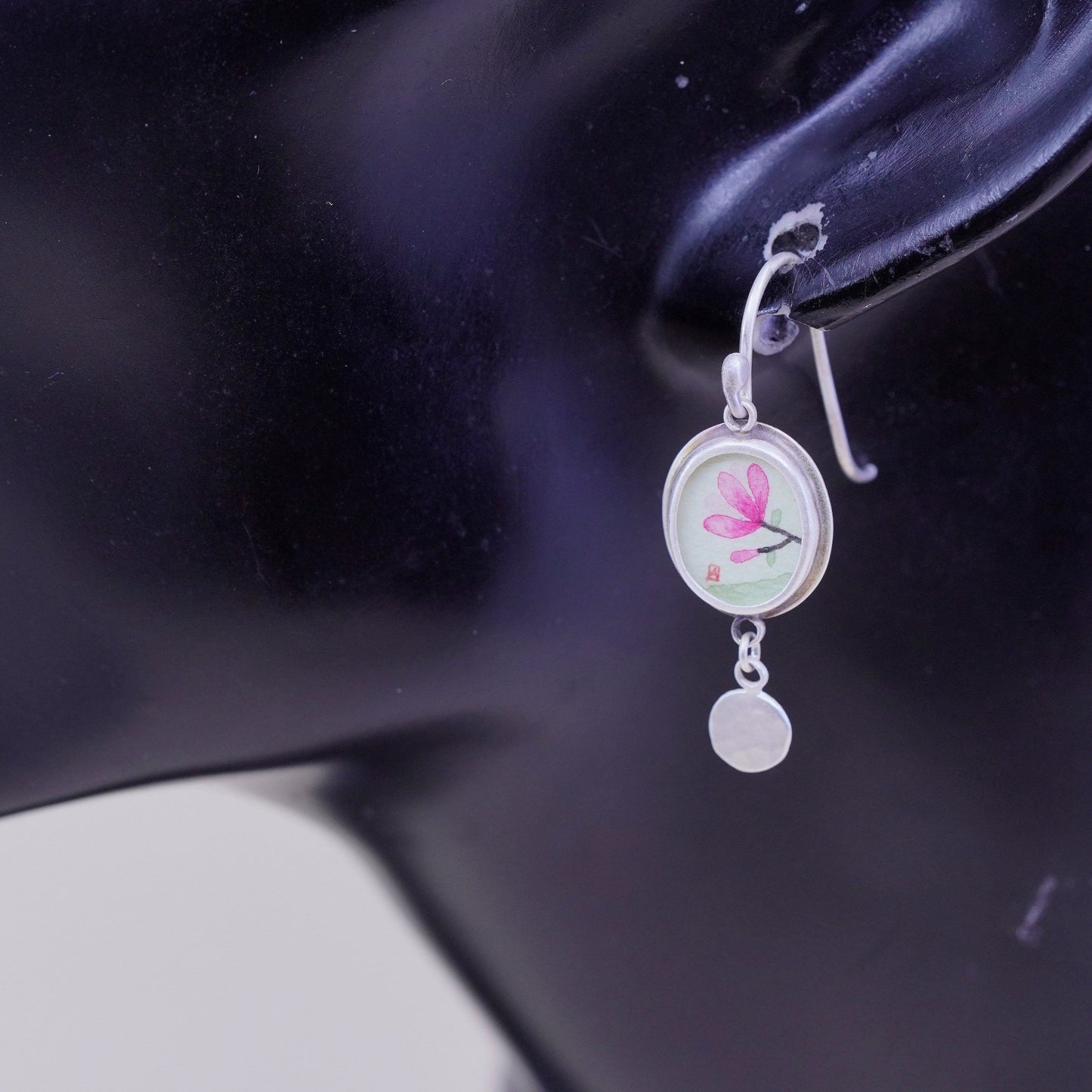 Designer Ananda KHALSA Sterling 925 silver handmade earrings, watercolor pink Mongolia flower, stamped 925 A