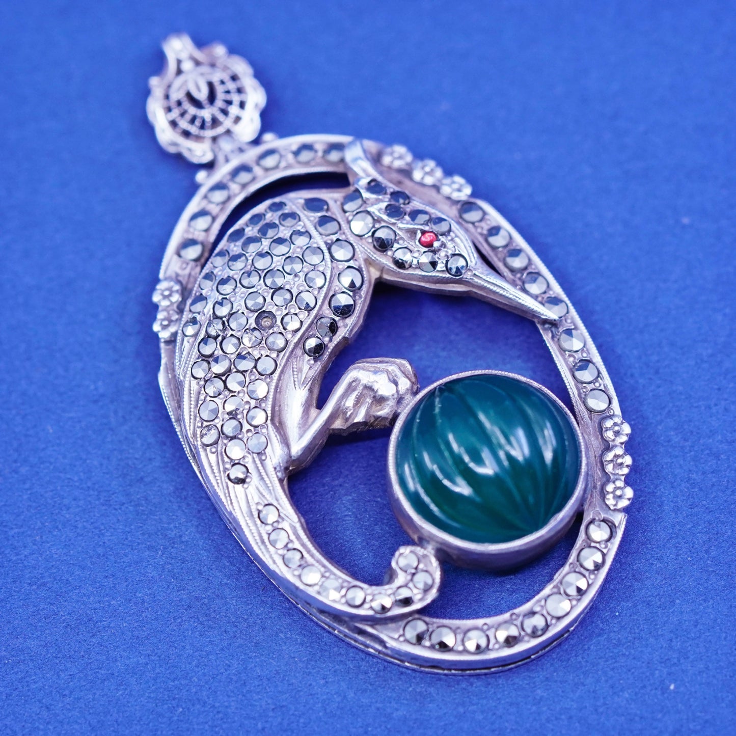 Judith Jack sterling 925 silver handmade bird pendant with jade and marcasite