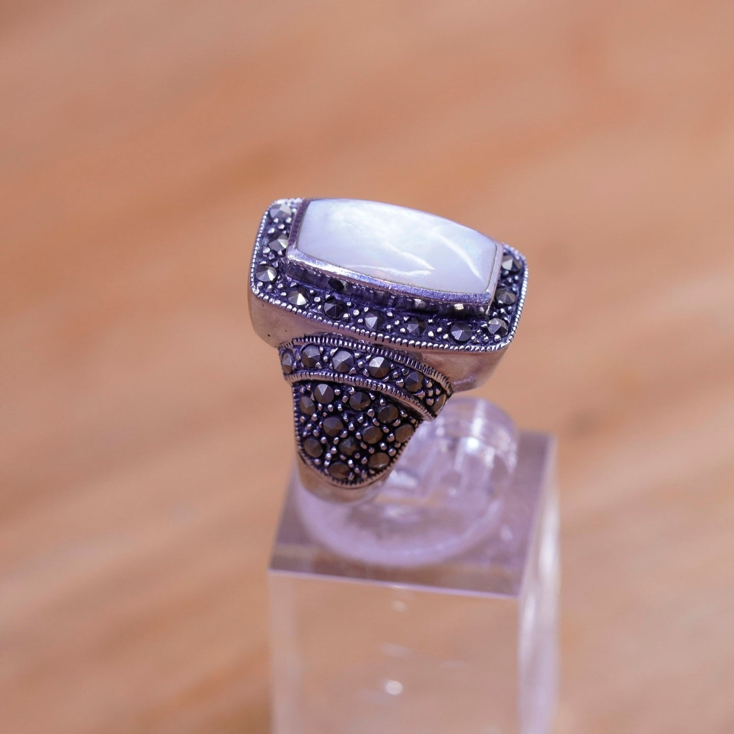 Size 6, vintage Sterling 925 silver handmade ring with moonstone marcasite