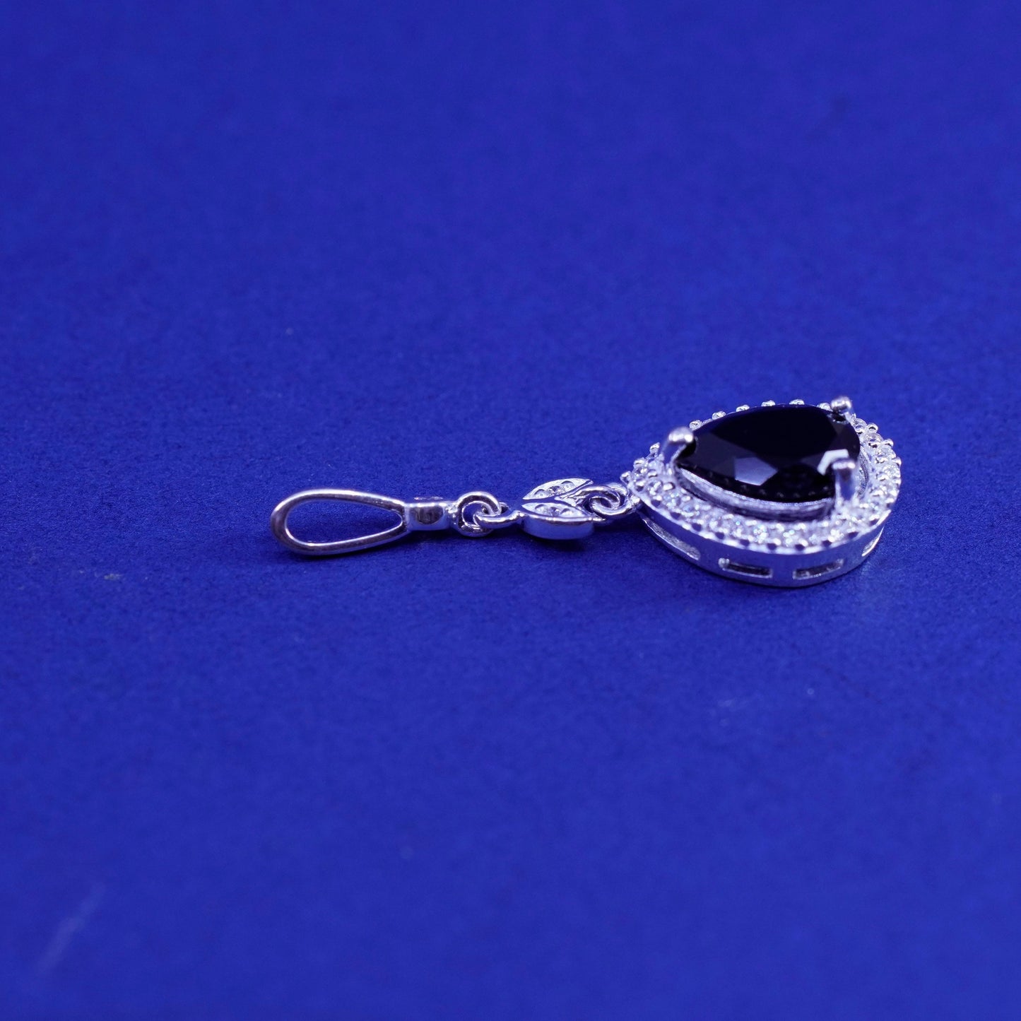 Vintage Sterling silver charm pendant, 925 teardrop with sapphire and cz