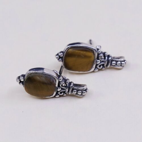 Vtg Sterling Silver Handmade Earrings, 925 Silver Studs W/ Golden Tiger Eye