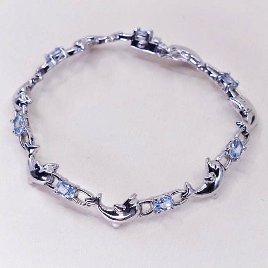 7.25”, vintage Sterling silver handmade bracelet, 925 dolphin links with topaz