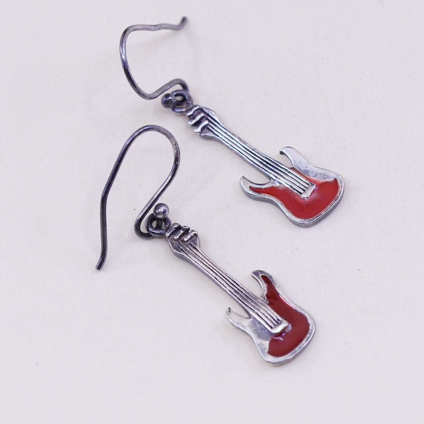 Vintage sterling silver handmade earrings, 925 guitar dangle and red enamel