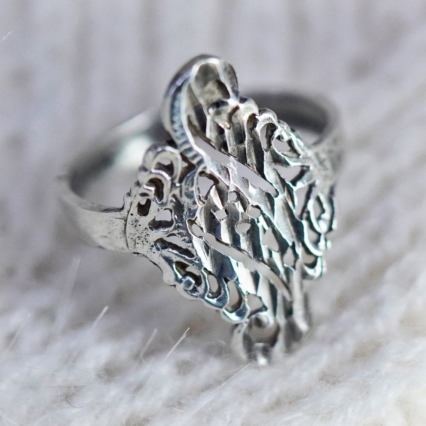 Size 7, vintage Sterling silver handmade ring, 925 wide filigree band