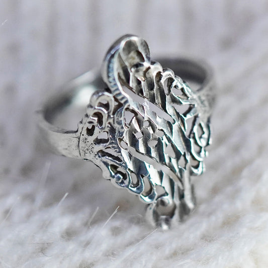 Size 7, vintage Sterling silver handmade ring, 925 wide filigree band