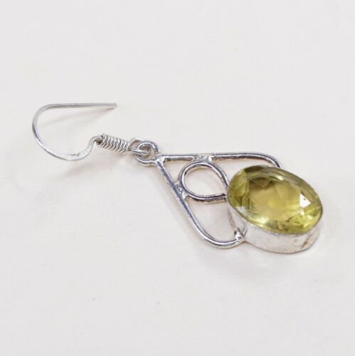 Vtg Sterling Silver Handmade Earrings, 925 Dangles W/ Oval Shaped Citrine