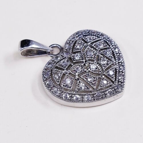 Vintage Sterling Silver Heart Pendant W/ Cz Around, Solid 925 Silver Charm