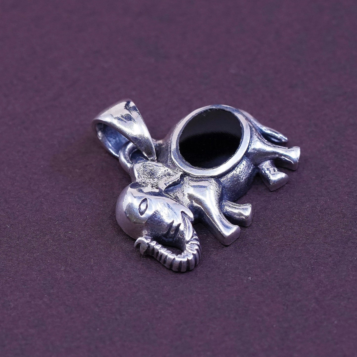 vtg Sterling silver handmade pendant, Mexican 925 elephant N obsidian