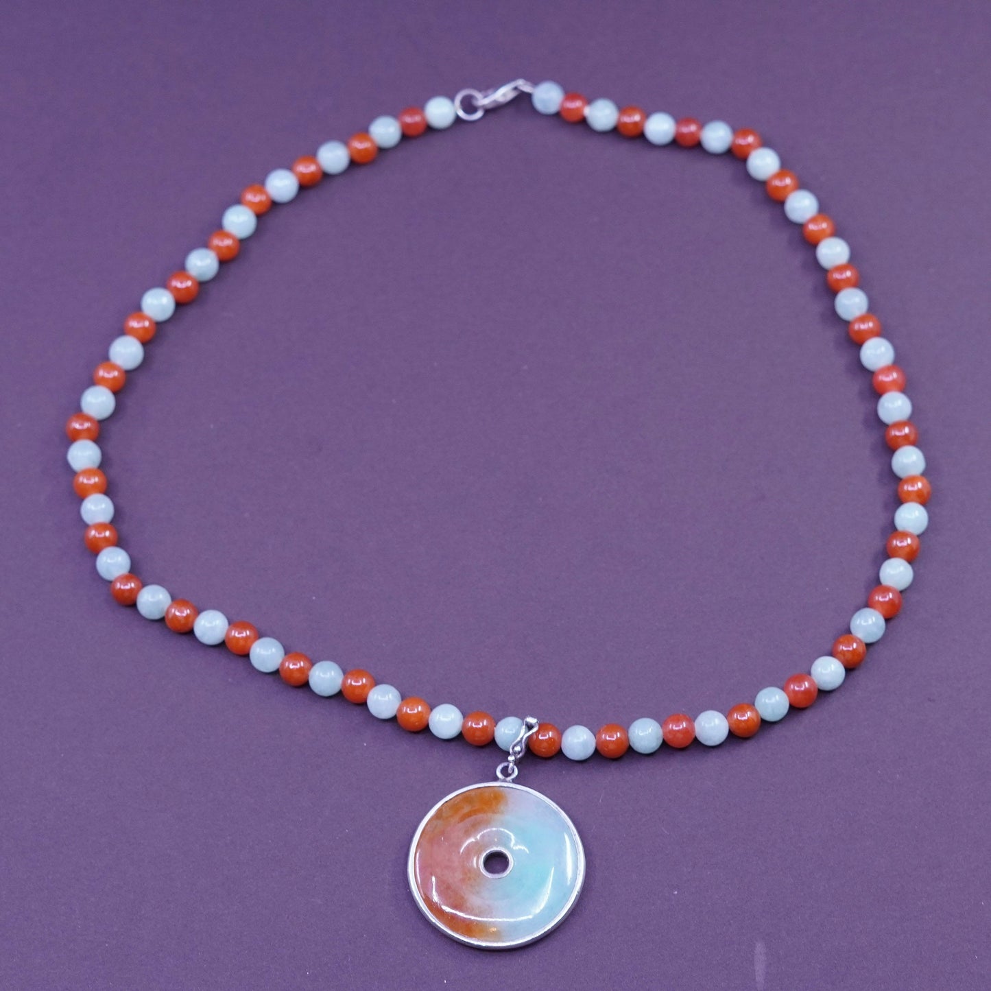18”, jade carnelian beads necklace with Sterling 925 silver chain coin pendant