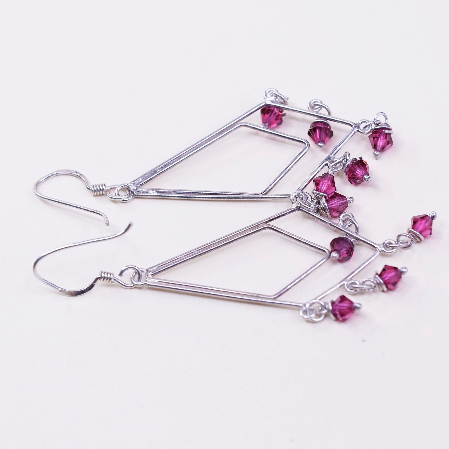 Vintage sterling silver handmade earrings, 925 w/ red cluster crystal dangles