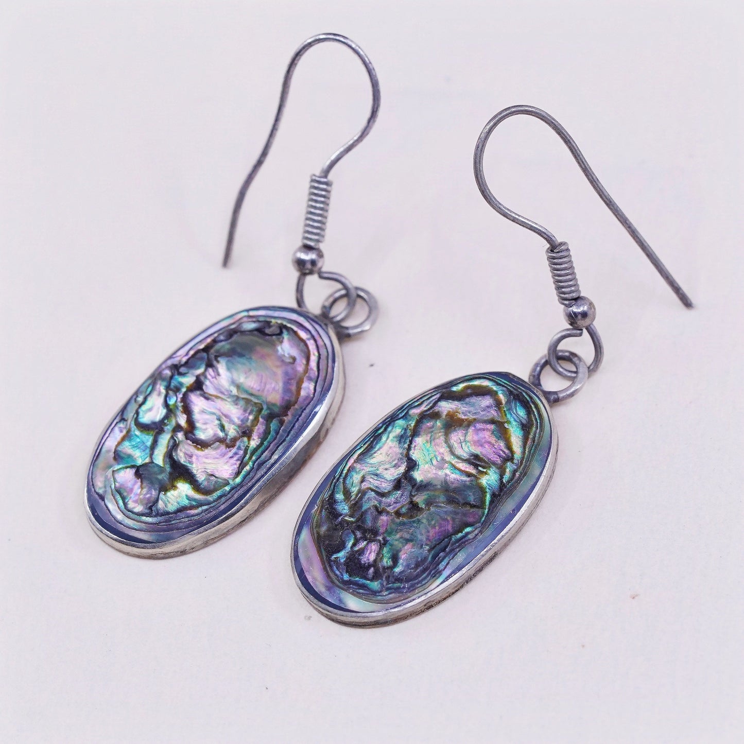 vtg sterling silver handmade oval earrings, Mexico 925 with abalone