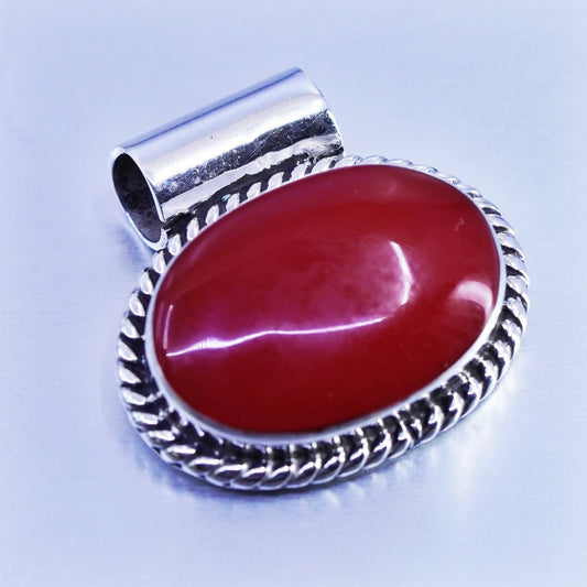 antique sterling 925 silver handmade pendant with red onyx and cable