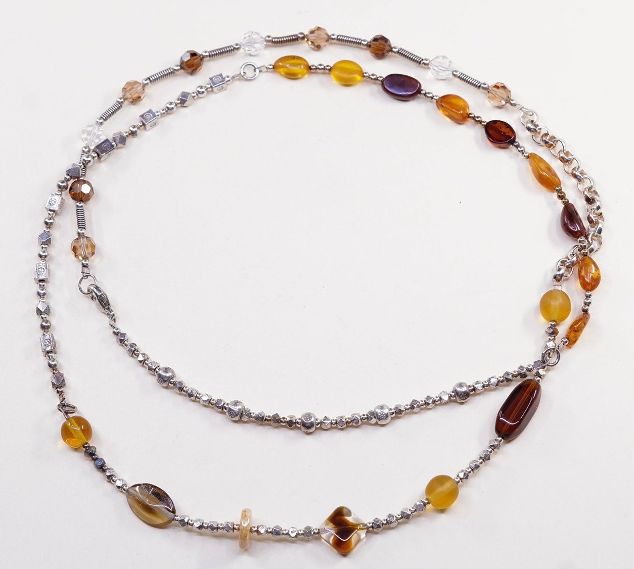 40", vtg Sterling silver clasp w/ natural crystal and amber beads necklace