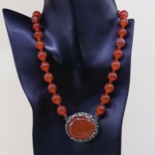 17”, Vtg Sterling Silver 925 Handmade necklace w/ Genuine Carnelian Pendant Bead