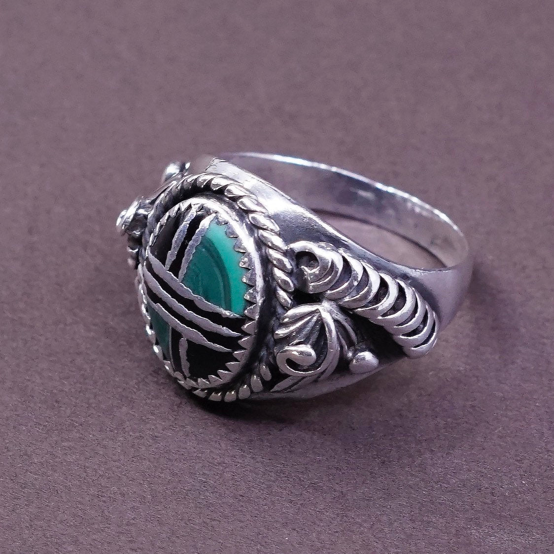 sz 9, vintage sterling silver handmade ring, 925 w/ obsidian N malachite