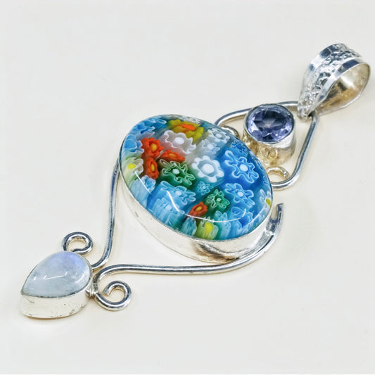 vtg handmade sterling 925 silver pendant, authentic murano glass with moonstone