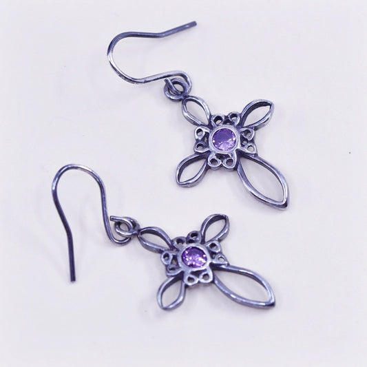 Vintage Sterling 925 silver earrings, filigree cross with amethyst