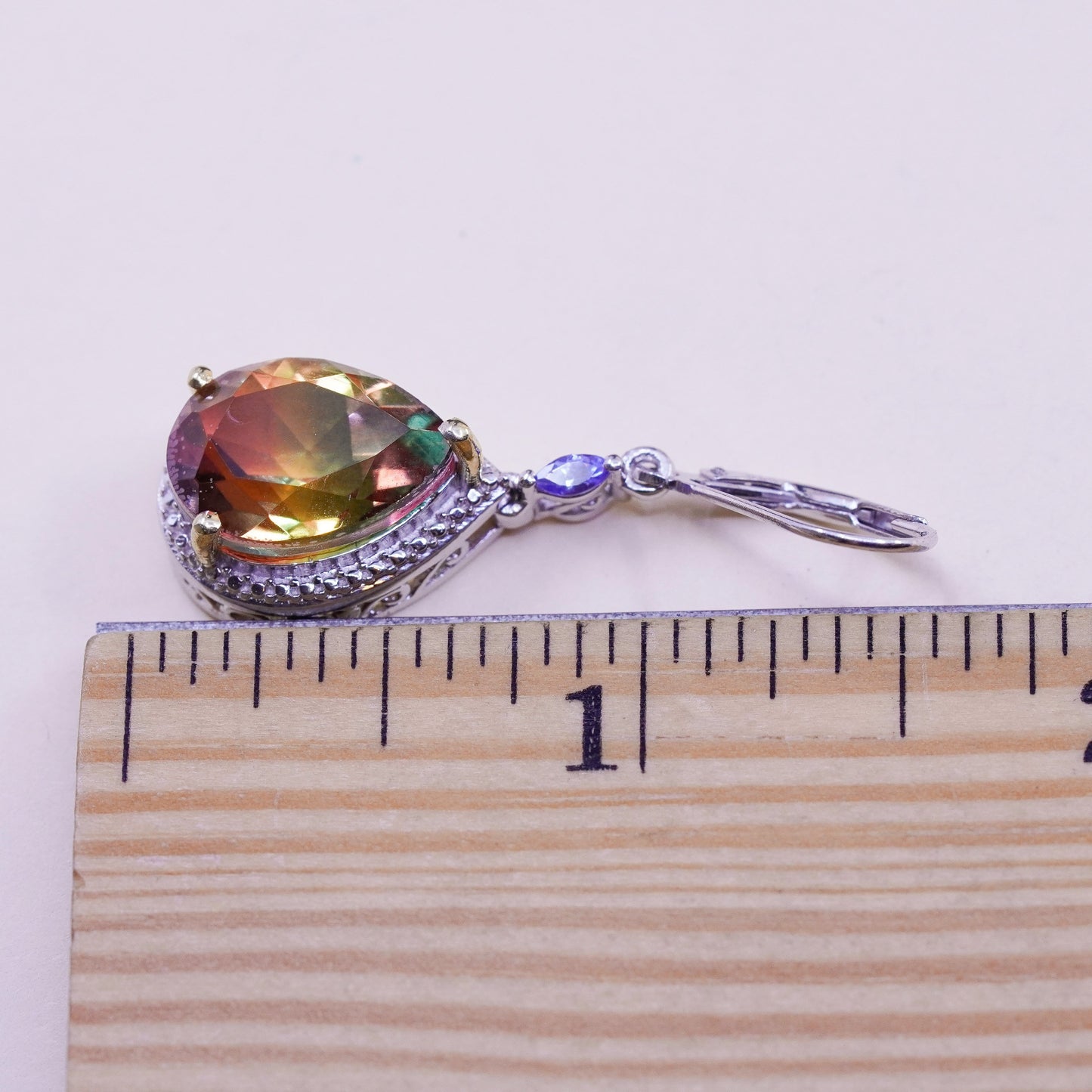Vintage Sterling 925 silver handmade earrings with teardrop rainbow crystal